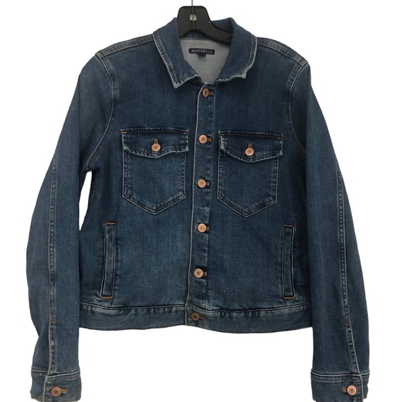 J. Crew Mercantile Denim Blue Jean Trucker Jacket Stretch Dark Pre wash SZ M - Picture 5 of 15